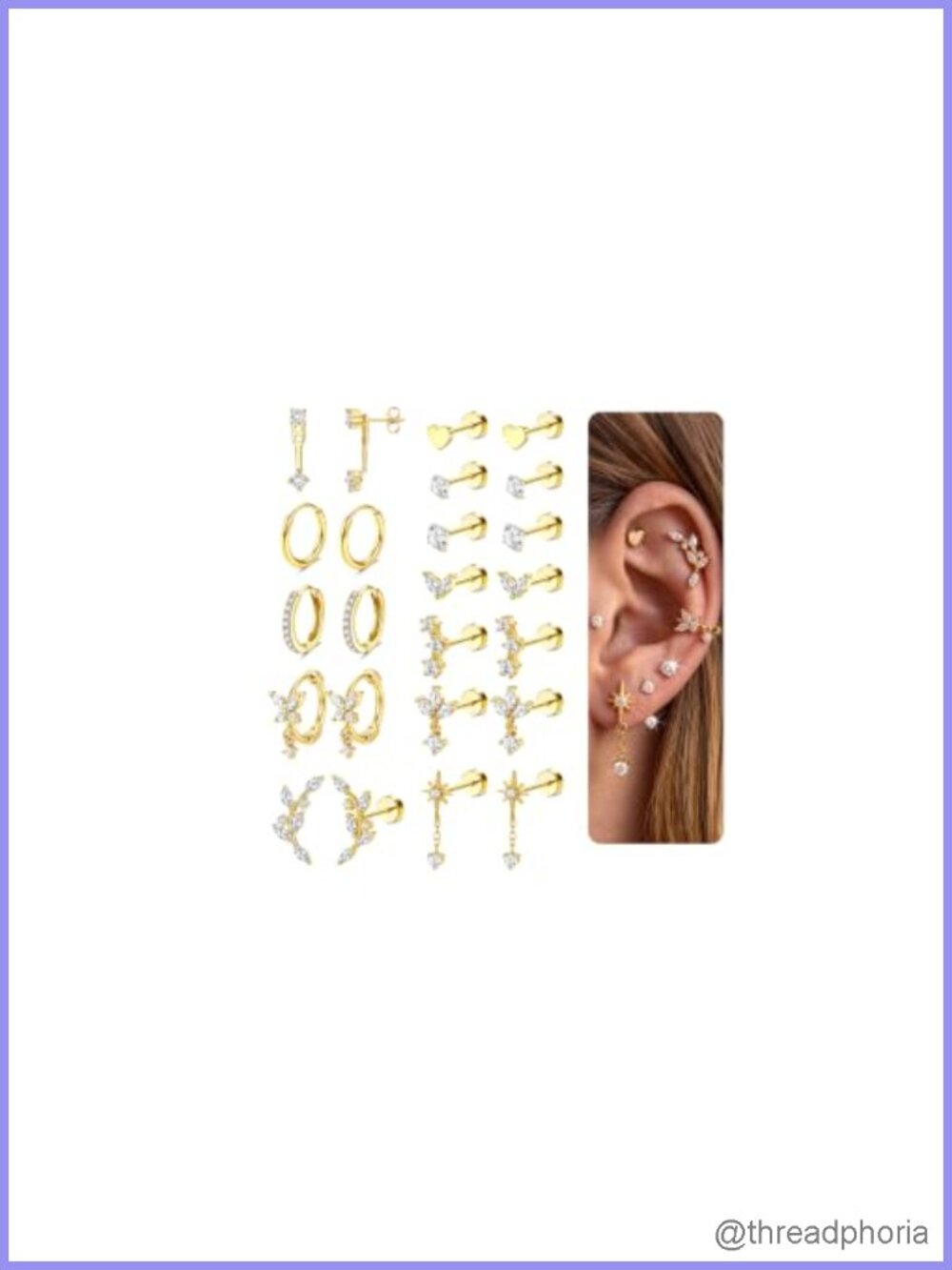 Hypoallergenic Flat Back Earrings 14K Gold Plated Stainless Steel Stud Hoop Set